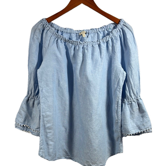 Talbots Blue Smocked Bell Sleeve Blouse with Relaxed Fit - Picture 1 of 6